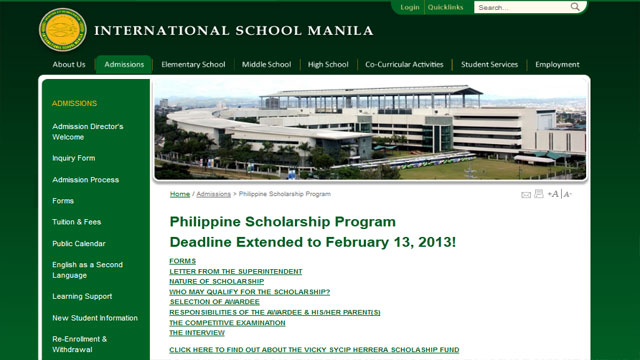 Philippine Scholarship Program at International School Manila in Philippines, 2015-2016